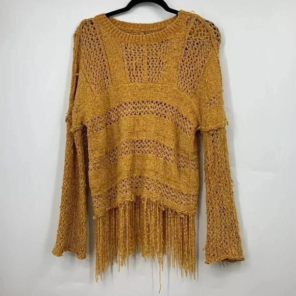 Rain + Rose Women's Chenille Mustard Fringe Long Sleeve Round Sweater Size S NWT - Picture 2 of 11
